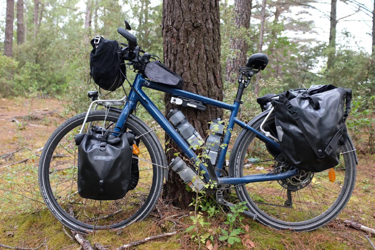 My fully loaded Decathlon Riverside Touring 500 bike during a bike-touring trip in France